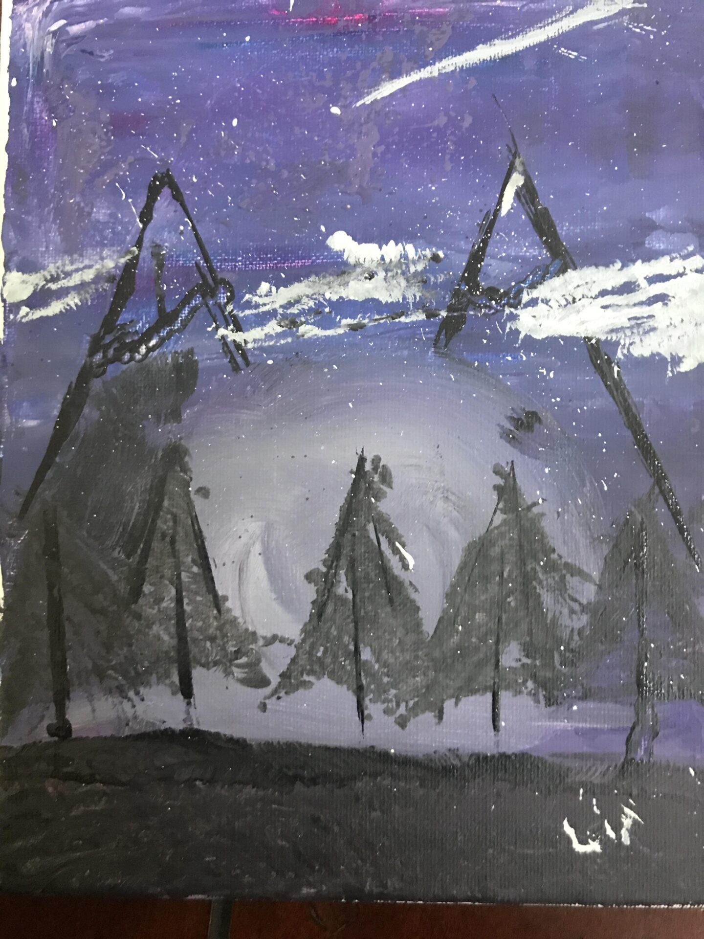Paint of a mountain with pine trees