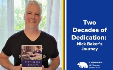 Nick Baker holding an educational book. The text on the photo reads ‘Two Decades of Dedication: Nick Baker’s Journey.