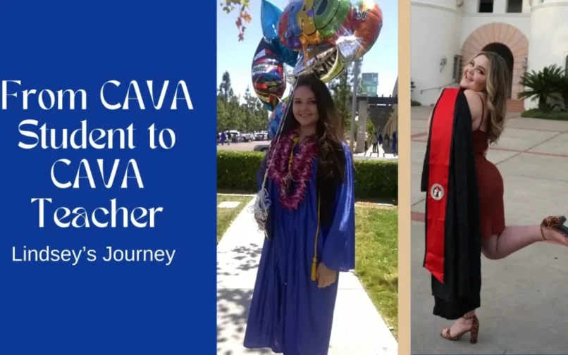 Alt text: "Split image featuring 'From CAVA Student to CAVA Teacher: Lindsey's Journey.' Left: Woman in blue graduation gown with balloons and leis. Right: Woman in red dress and black stole, posing joyfully."