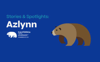 Graphic featuring the title ‘Stories & Spotlights: Azlynn’ alongside the California Virtual Academies logo