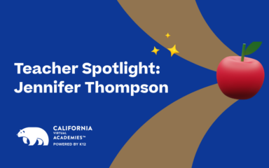 Graphic titled “Teacher Spotlight: Jennifer Thompson” on a purple background with curved gold shapes, small stars, and a red apple. California Virtual Academies (powered by K12) logo appears in the lower left.