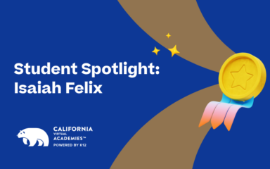 Graphic with purple background reading “Student Spotlight: Isaiah Felix,” featuring a gold medal with a star, small sparkles, and the California Virtual Academies (powered by K12) logo in the lower left.